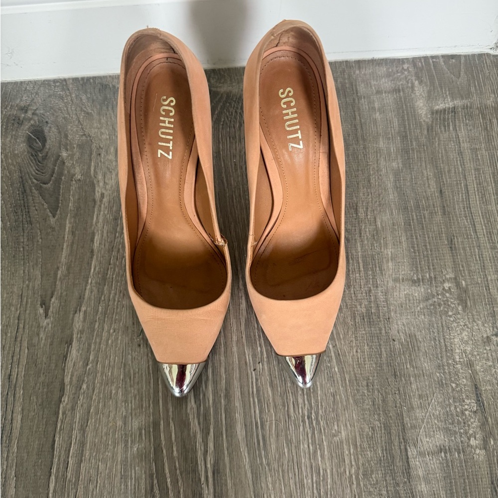 Schutz Tan and Silver Pointed-Toe Heels